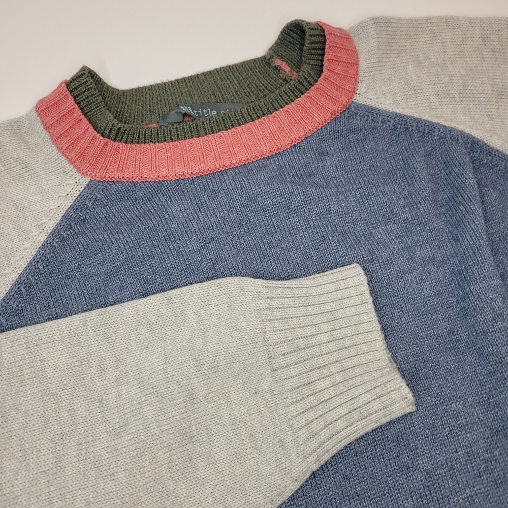 Title Nine Sweater Womens XL Blue Gray Excellent Merino Wool Colorblock Raglan